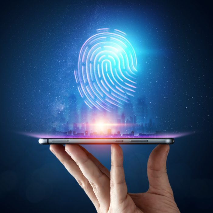 digital fingerprint is shown rising above a cell phone