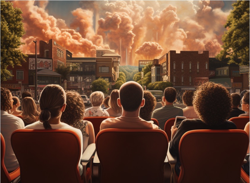 Moviegoers are seated in theatre chairs watching a real-life scene in front of them of a city with ominous red clouds and destruction looming overhead.